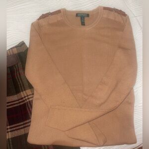 Ralph Lauren women’s ribbed sweater with leather buckle detail on shoulders